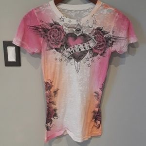 Sinful sheer pink rose t shirt with skull details